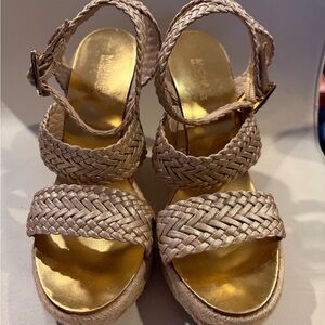 Michael Kors Gold and Tan Woven Wedges